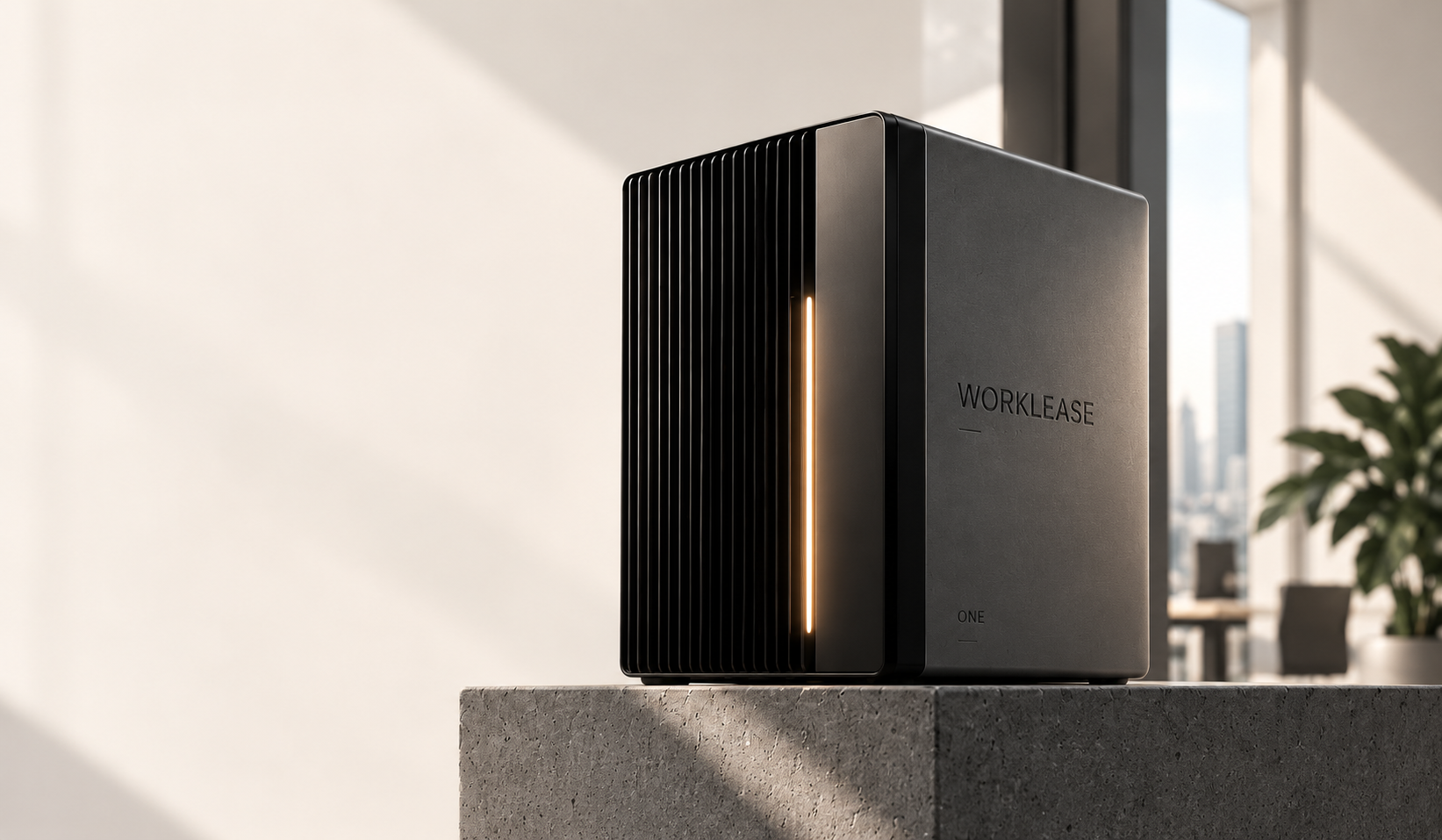 Grafietkleurig WorkLease One-concept met een warm verticaal licht op een betonnen sokkel in een licht kantoor